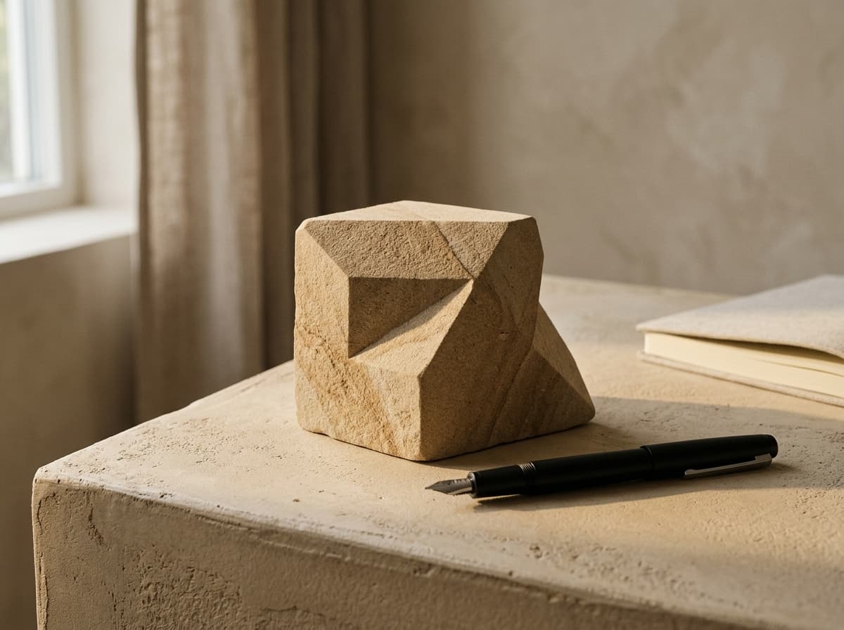 Natural sandstone desk sculpture with engraved Gujarati phrase “અનુભવેઁ માણસ થવાય”