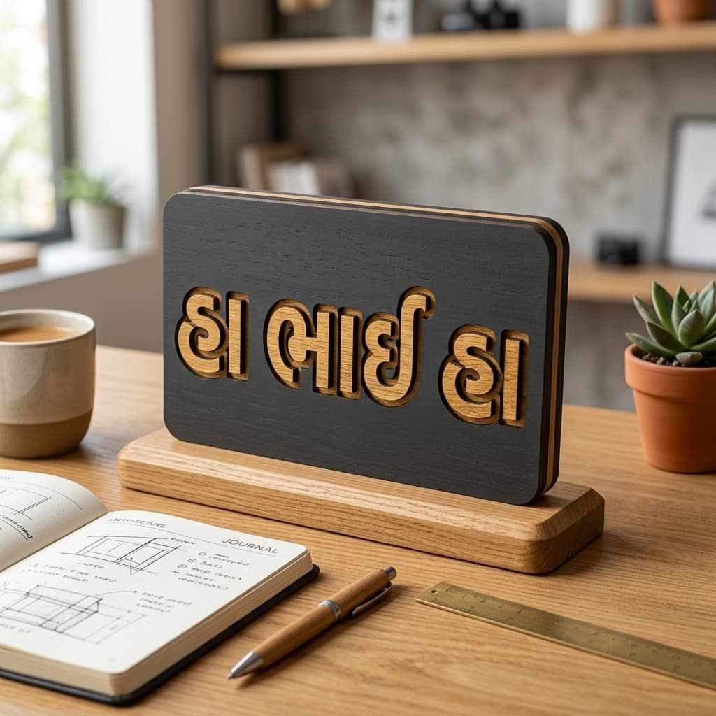 Laser-engraved matte black MDF desk plaque with exposed wood grain reading “હા ભાઈ હા”