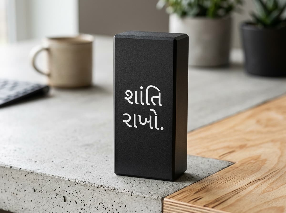 Natural MDF desk block reading “લો થઈ ગયું.”