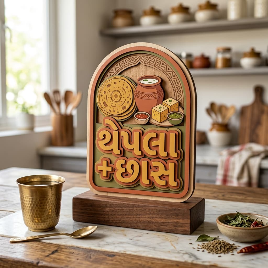 Layered MDF kitchen decor totem reading “થેપલા + છાસ” with arch frame and wooden base