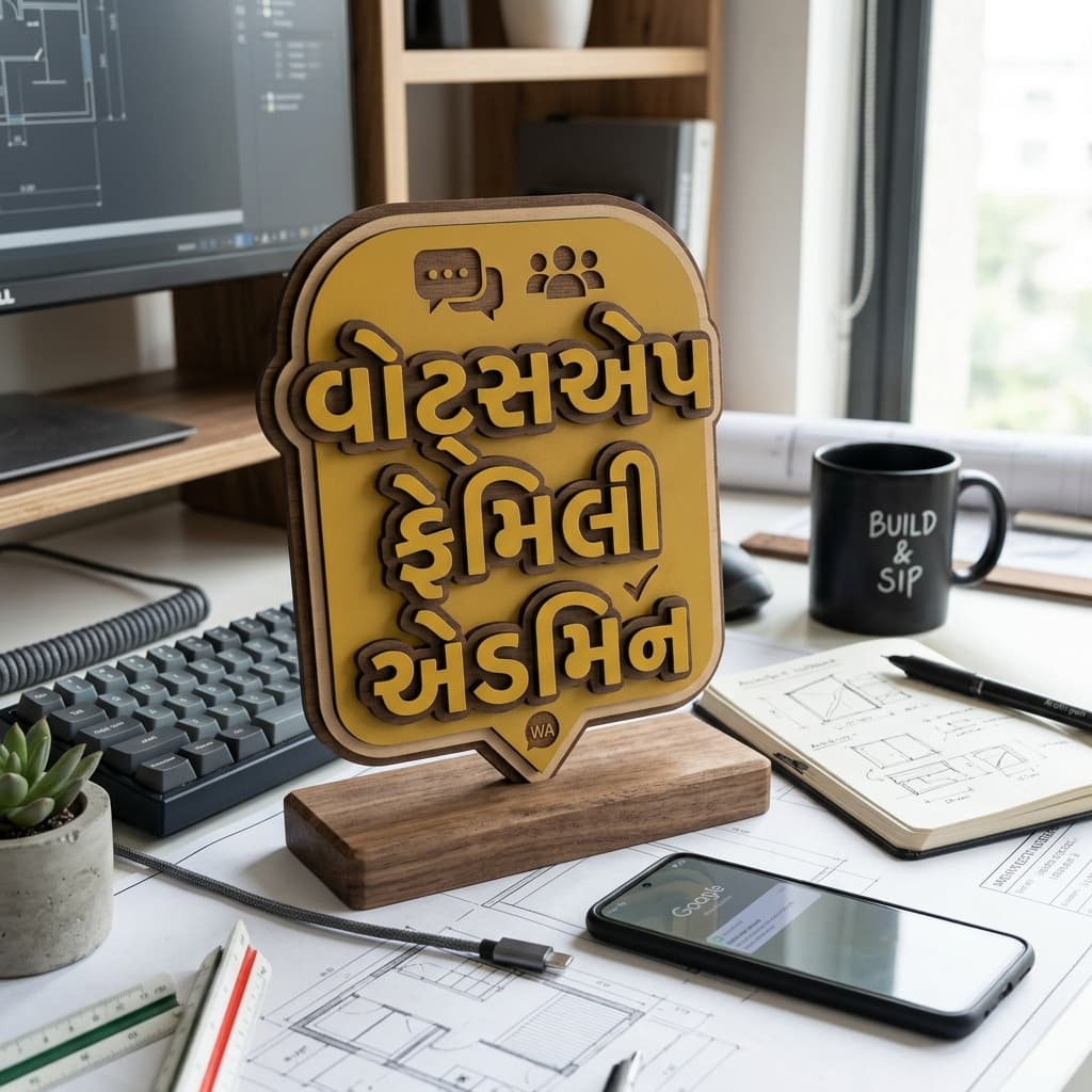 Witty layered MDF speech-bubble desk sign reading “વોટ્સએપ ફેમિલી એડમિન”
